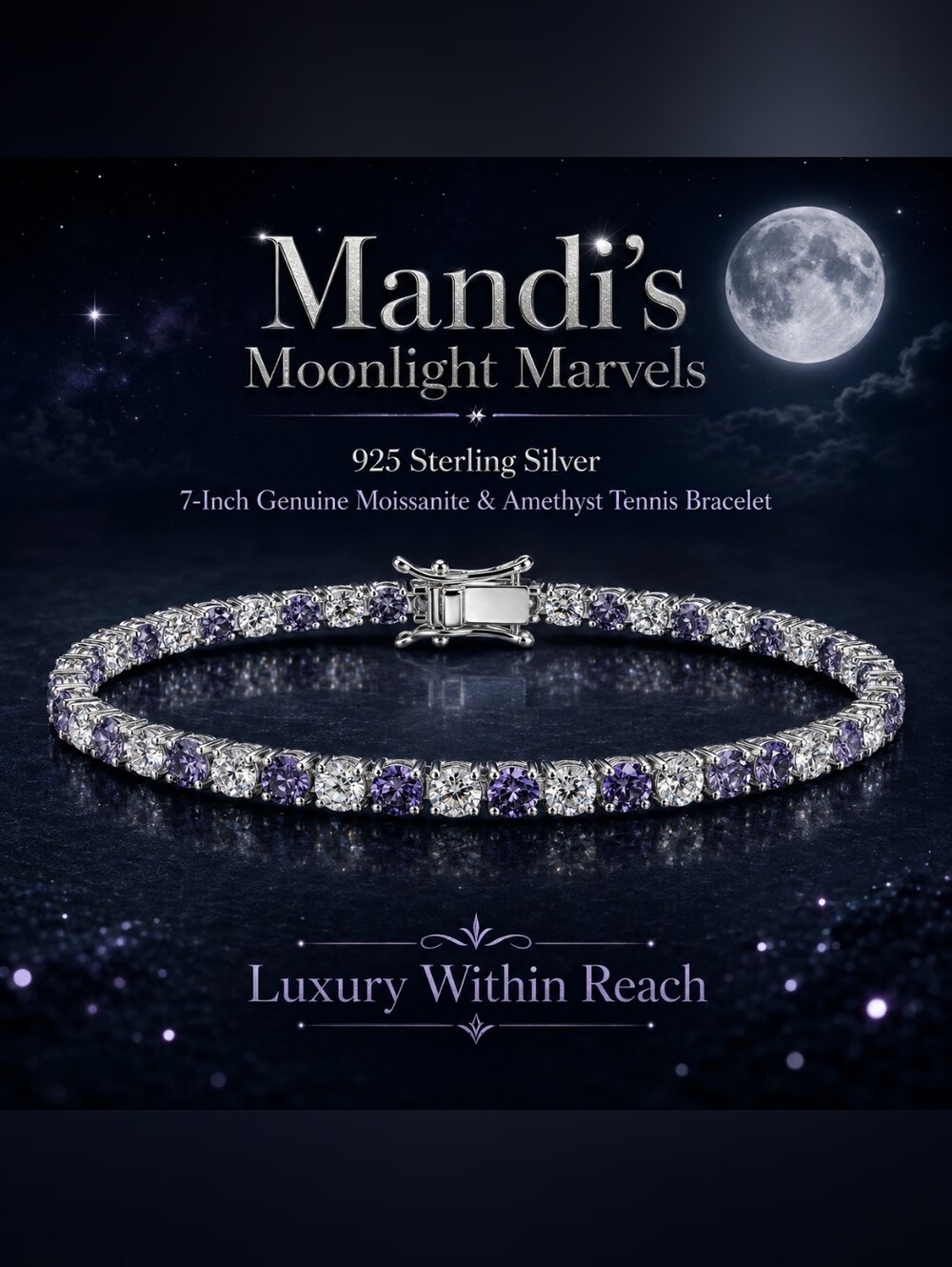 925 Sterling Silver Amethyst & Moissanite Tennis Bracelet - Purple